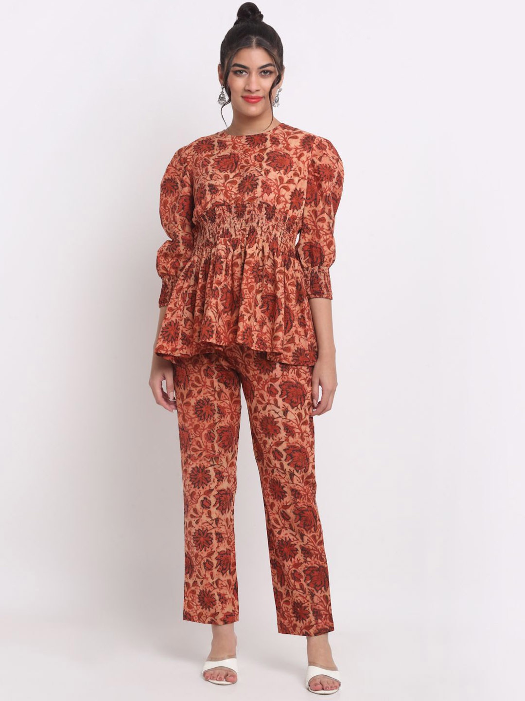 

KALINI Printed Round Neck Pure Cotton Top & Trouser, Red