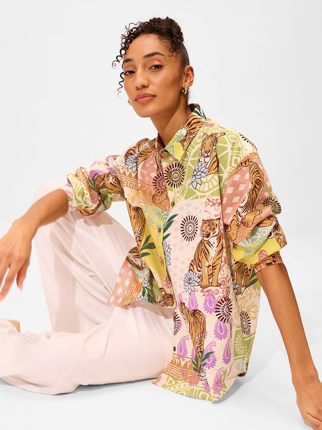 

The Souled Store Women Spread Collar Graphic Printed Cotton Oversized Casual Shirt, White