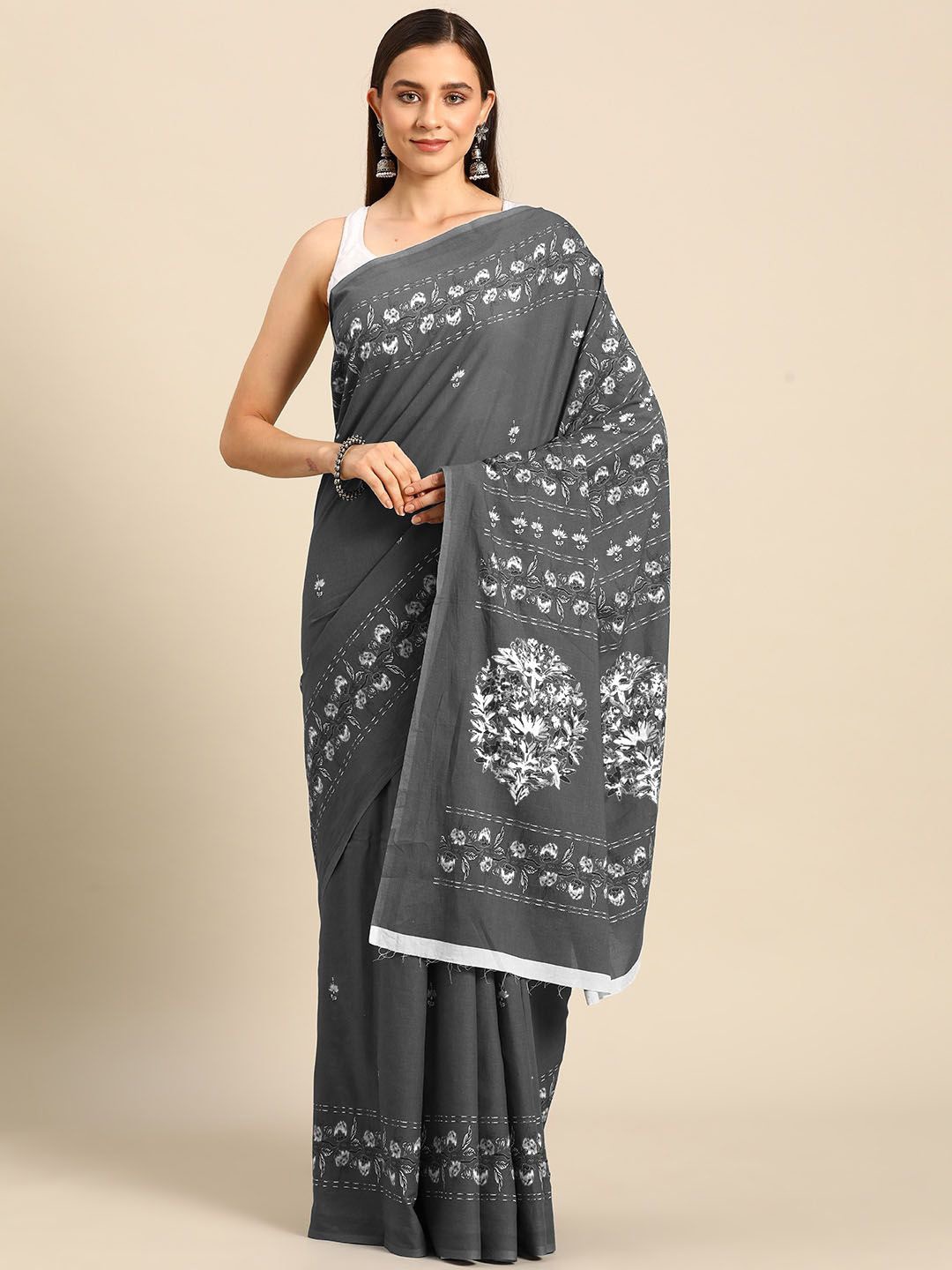

BUTA BUTI Floral Printed Pure Cotton Saree, Grey