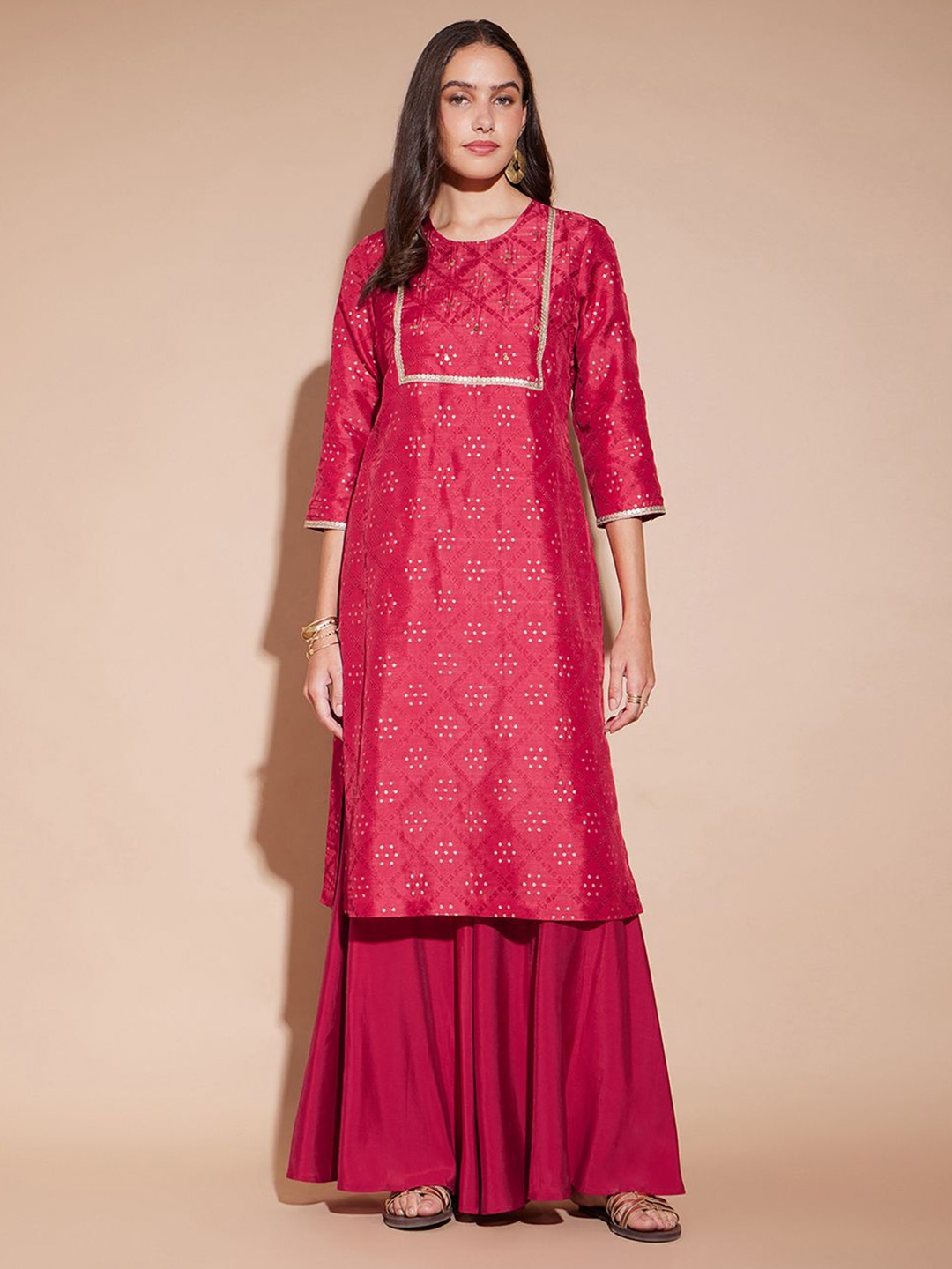 

Pink Fort Ethnic Motifs Woven Design Straight Mirror Work Kurta with Palazzos, Red