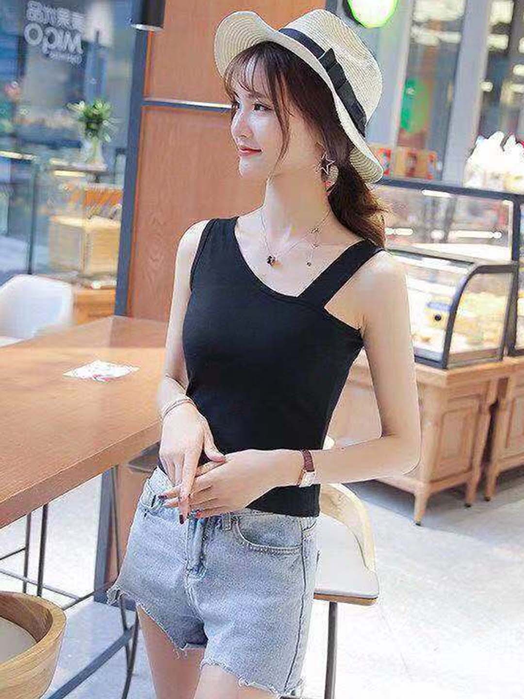

LULU & SKY Women Solid Shoulder Straps Top, Black