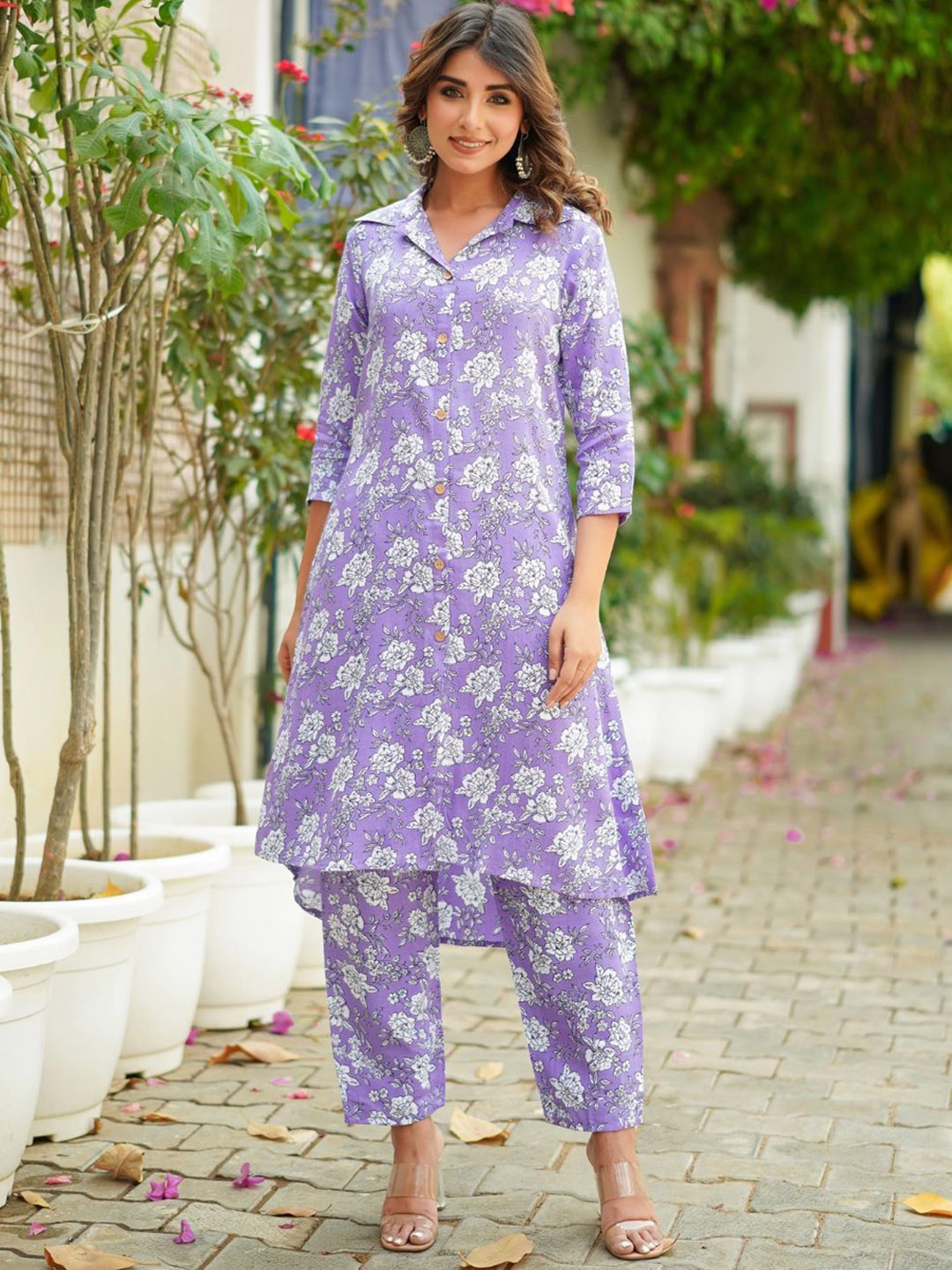 

NIJANAND TEXTILE Printed Pure Cotton Tunic & Trousers Co-Ord, Lavender