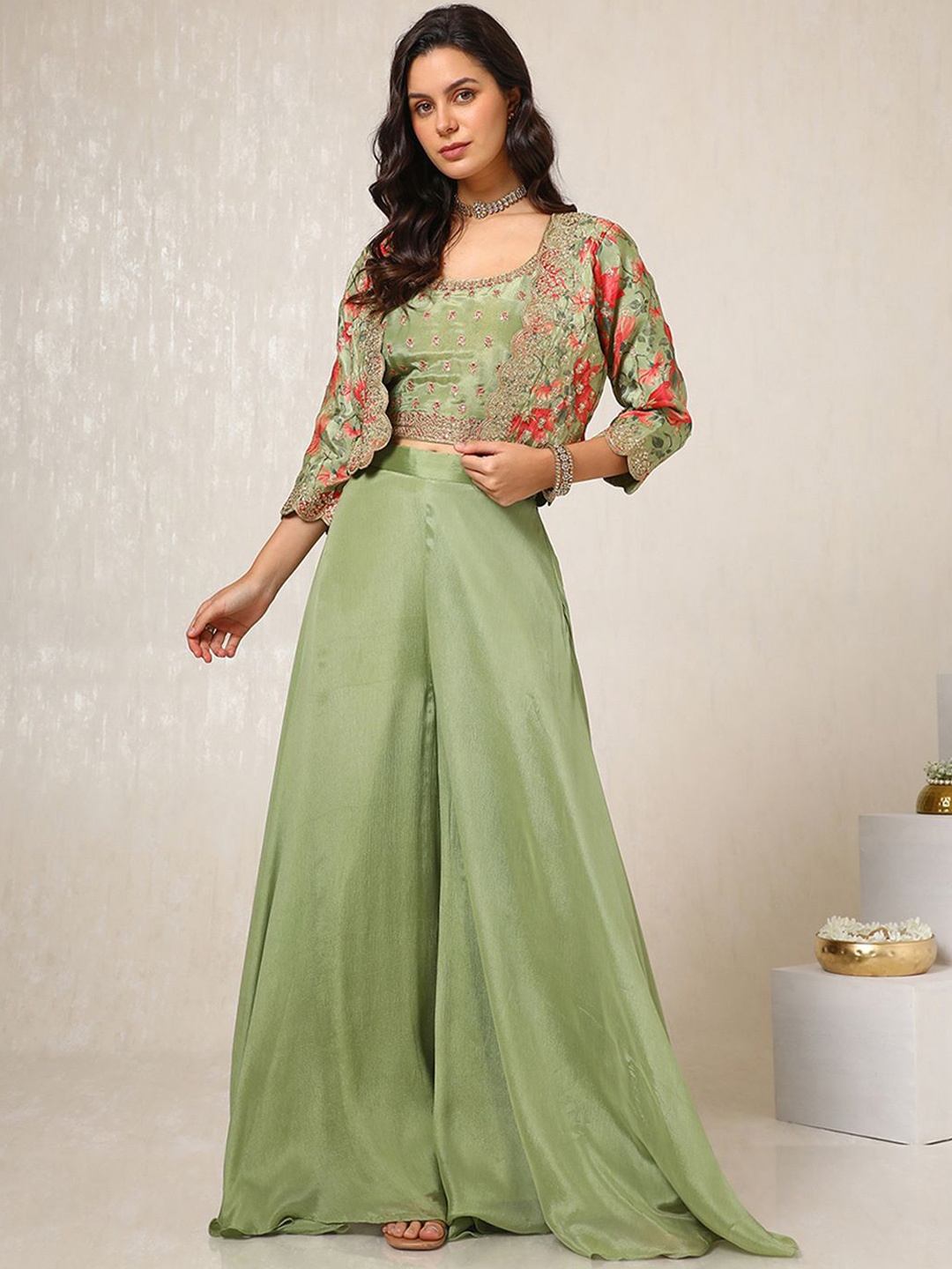 

Soch Embroidered Top, Jacket With Palazzo, Green