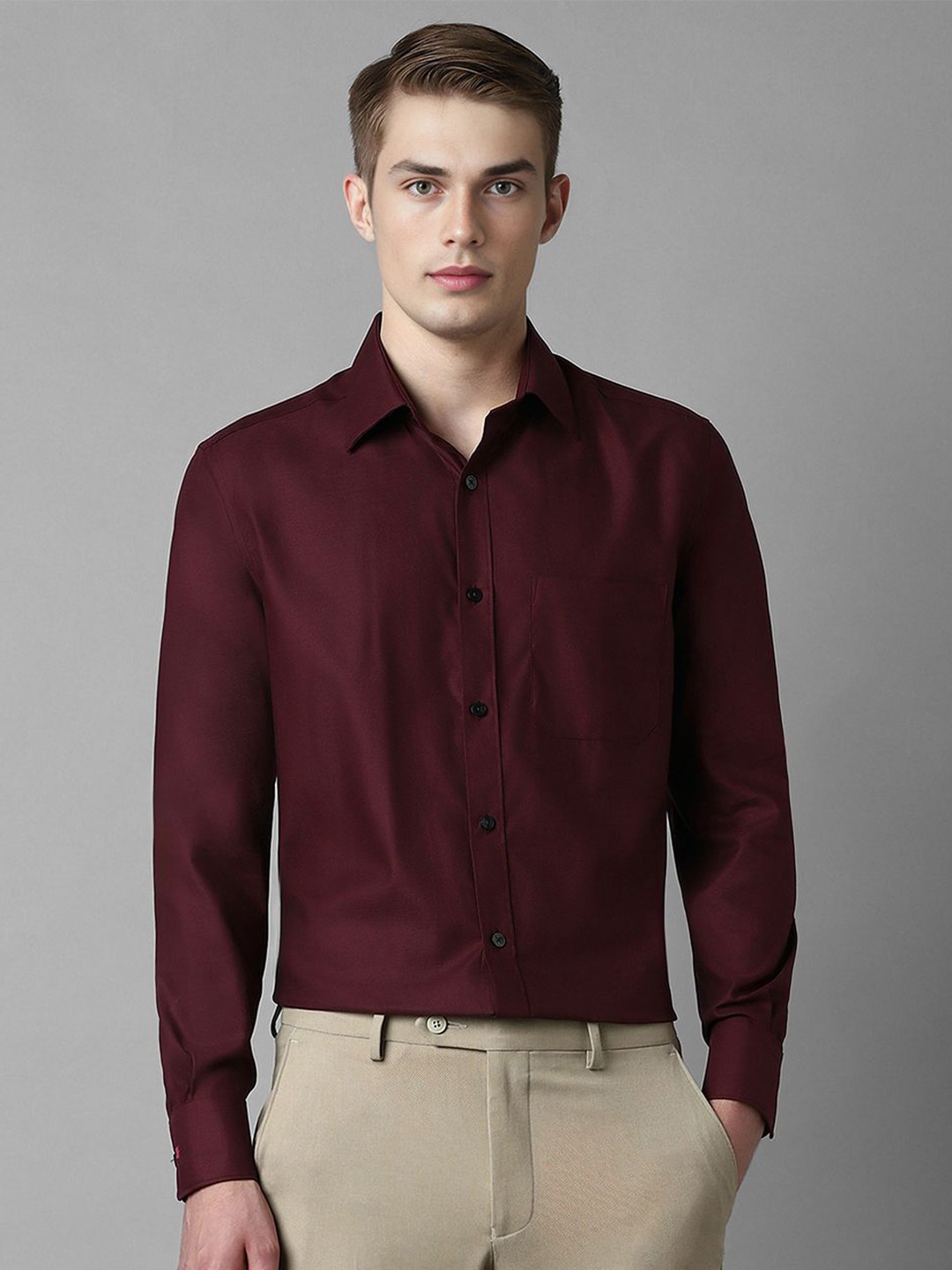 

Louis Philippe Men Classic Spread Collar Solid Cotton Formal Shirt, Maroon