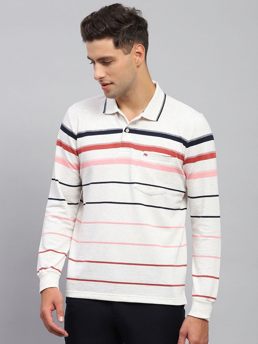 

Monte Carlo Men Striped Polo Collar Cotton T-shirt, White