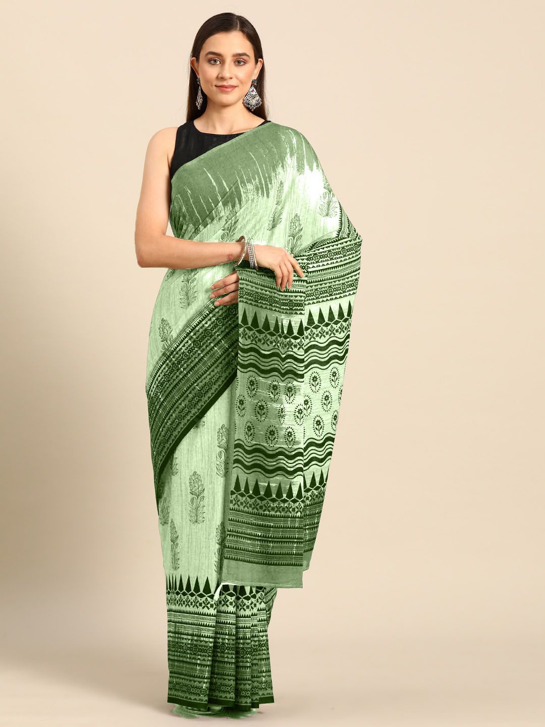 

BUTA BUTI Floral Printed Pure Cotton Saree, Green