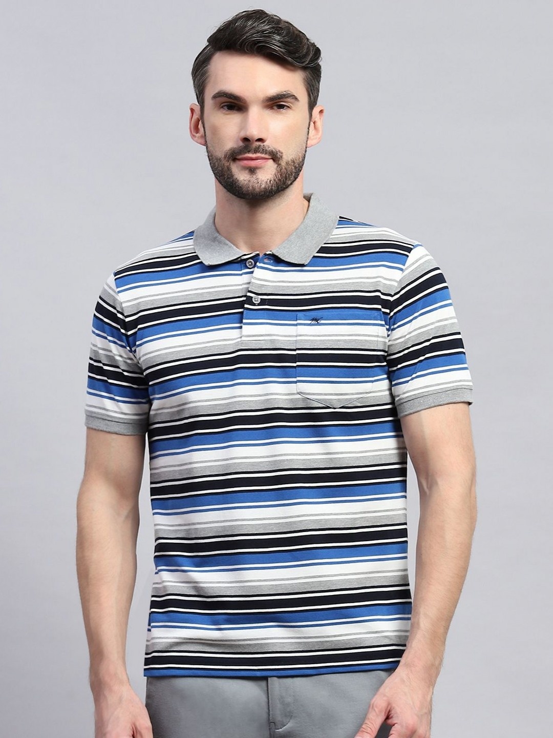 

Monte Carlo Men Striped Polo Collar Cotton T-shirt, Grey