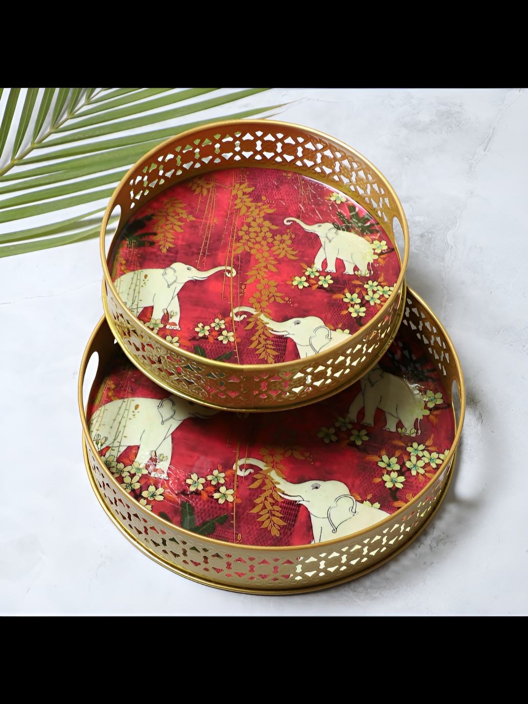 

Amaya Decors Gold-Toned & Pink 2 Pieces Elephant Printed Metal Serving Tray