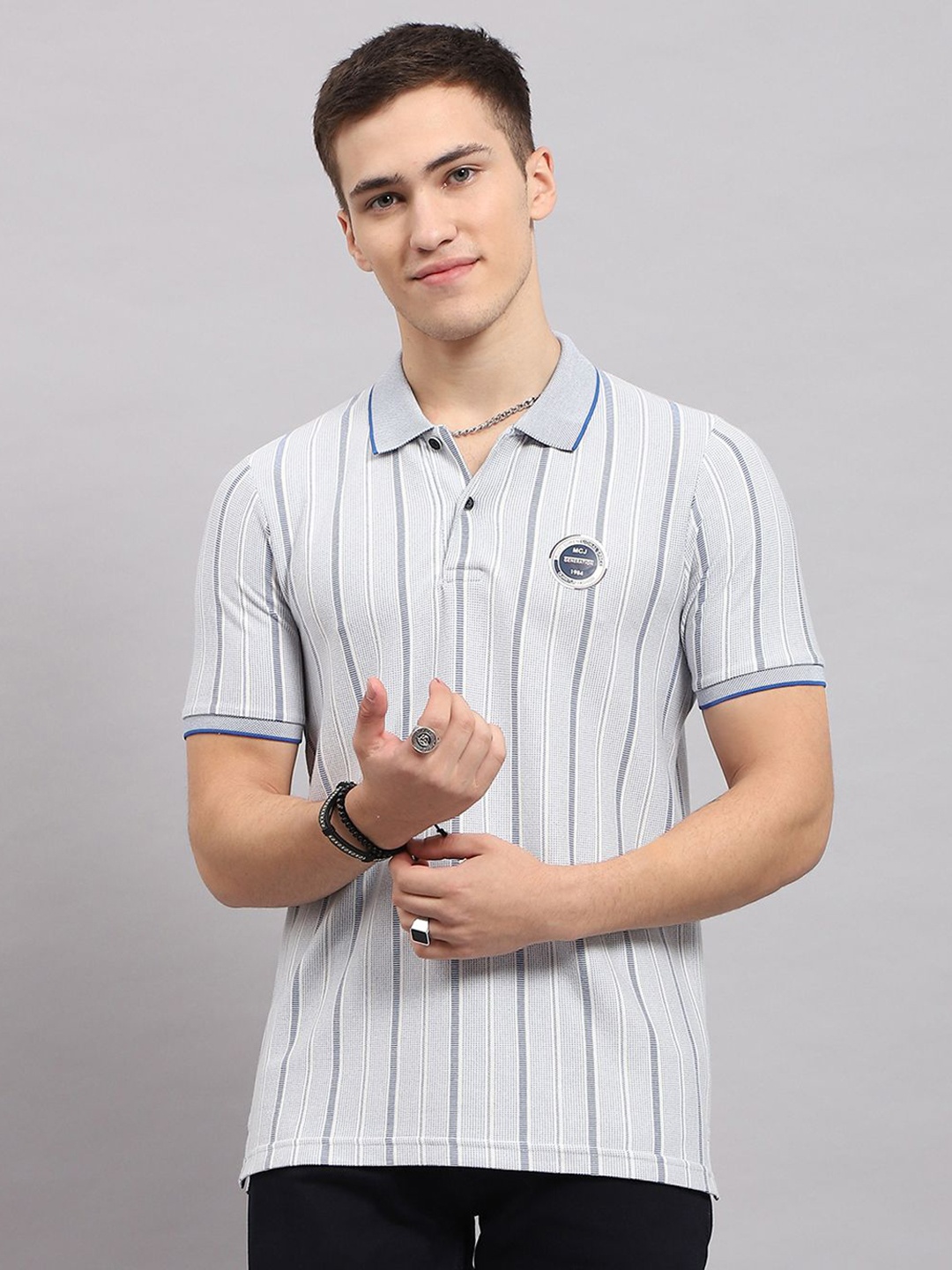 

Monte Carlo Men Striped Polo Collar Cotton T-shirt, Blue