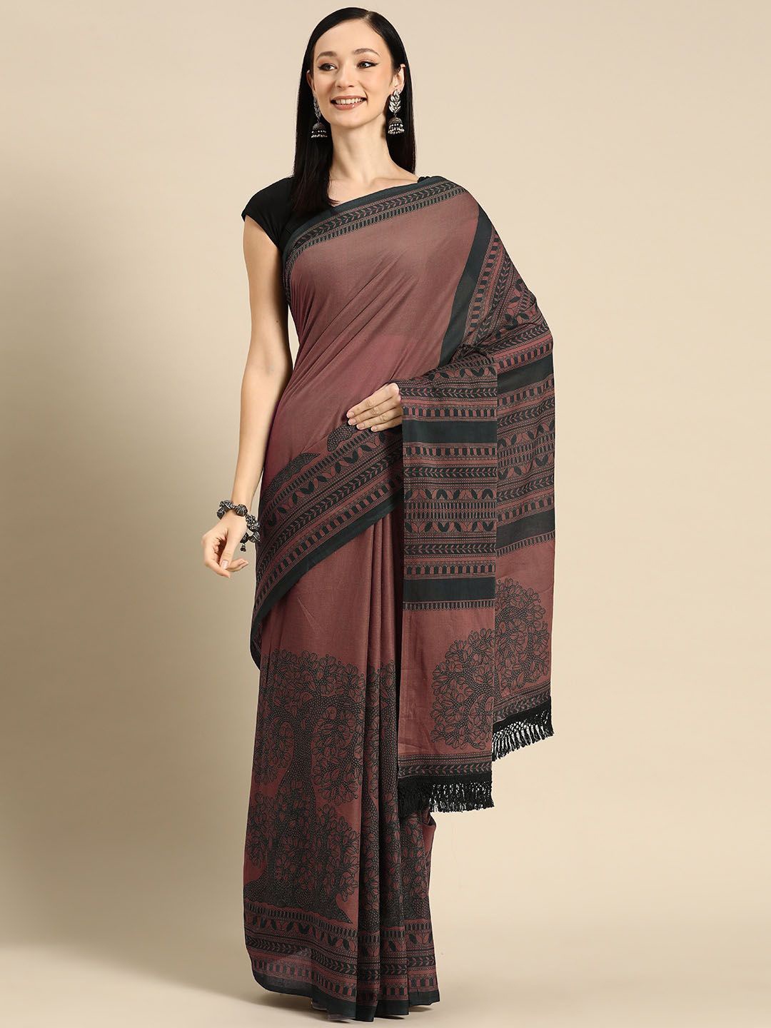 

BUTA BUTI Floral Printed Pure Cotton Saree, Copper