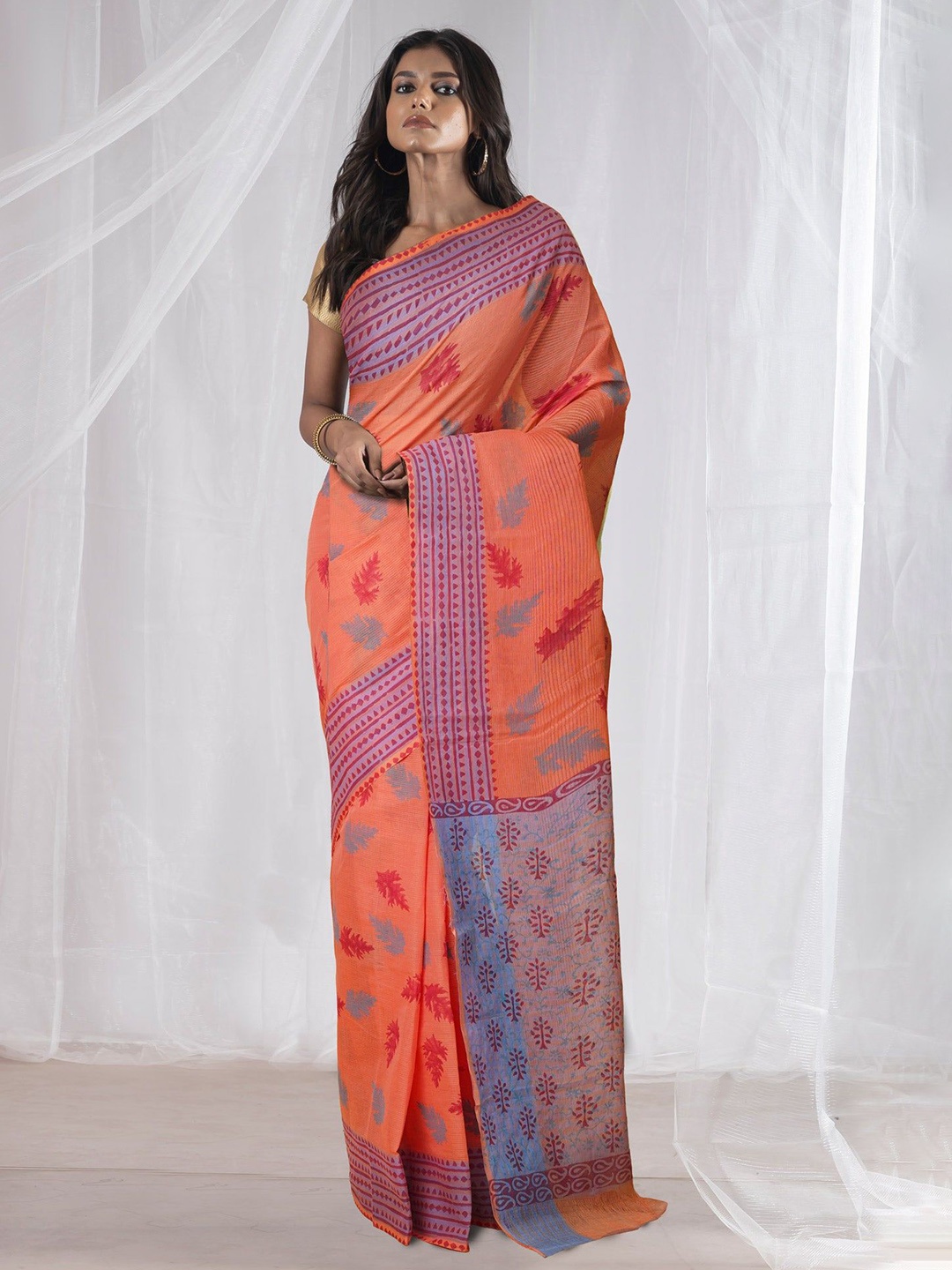 

Unnati Silks Ethnic Motifs Pure Cotton Handloom Mangalagiri Saree, Orange