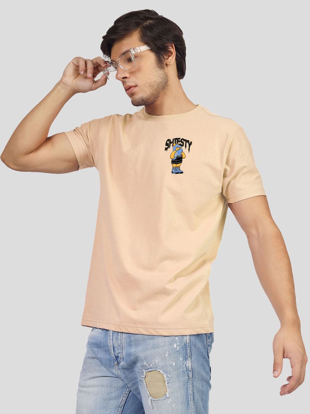 

Greylongg Men Graphic Printed Round Neck Cotton T-shirt, Beige