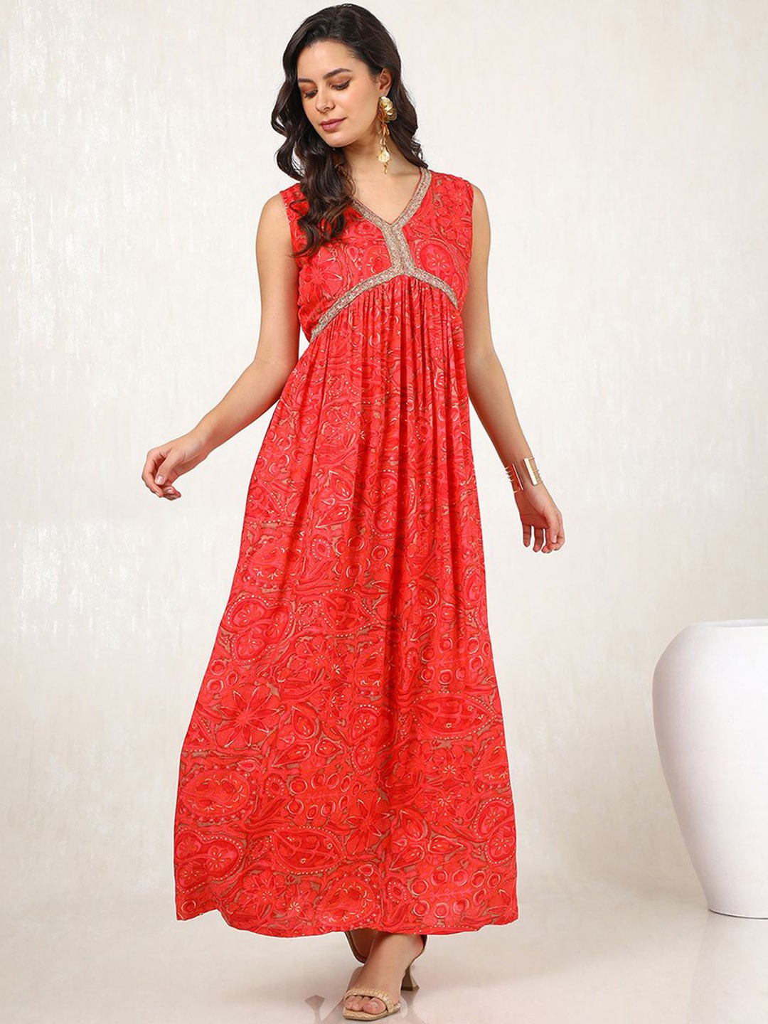 

Soch Women Abstract Printed A-Line Maxi Ethnic Dress, Red