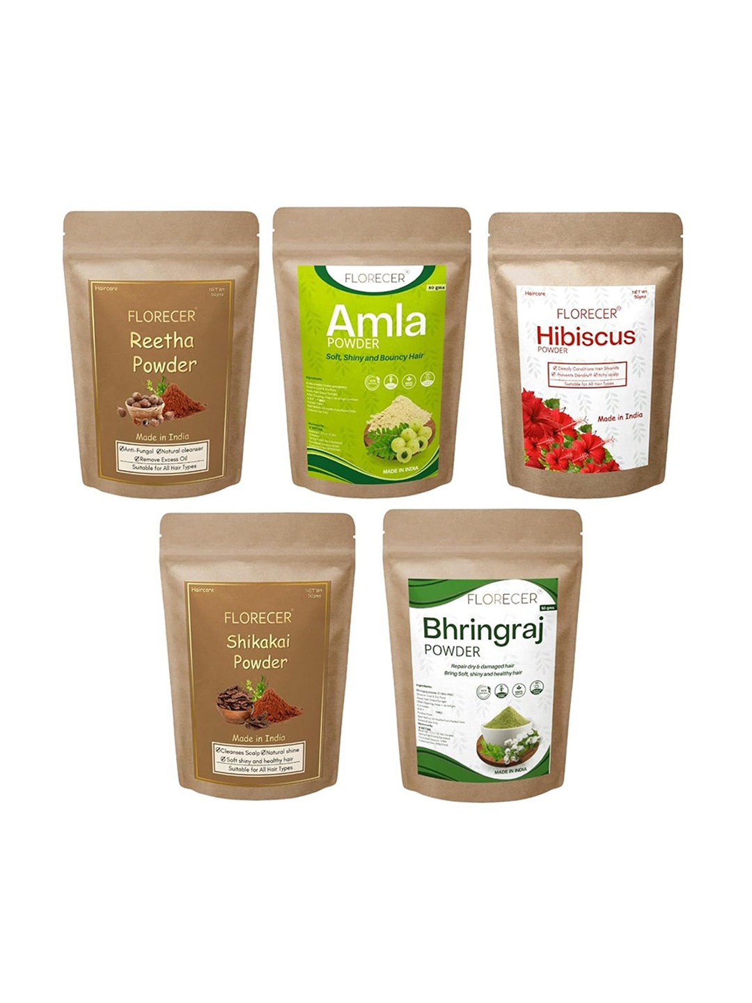 

FLORECER Set Of 5 Amla, Reetha, Shikakai, Bhringraj & Hibiscuss Powder For Hair-50g Each, Multi