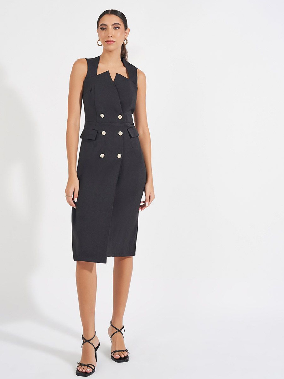 

Styli Women Button Detail Sleeveless Blazer Midi Dress, Black