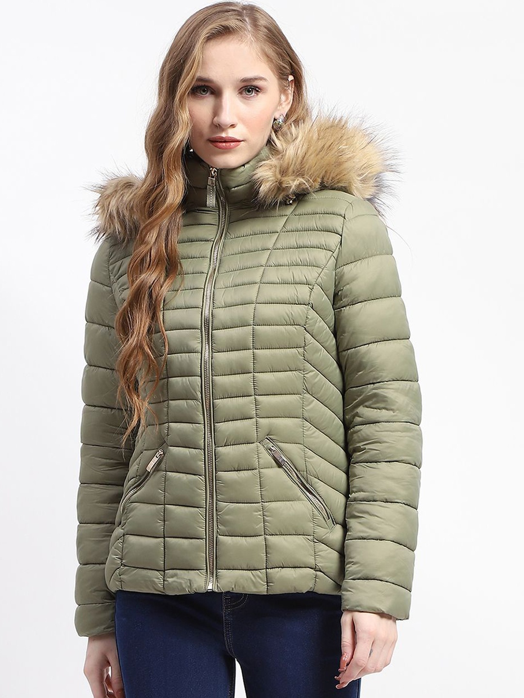 

Madame Women Camouflage Checked Polyester Longline Parka Jacket, Green