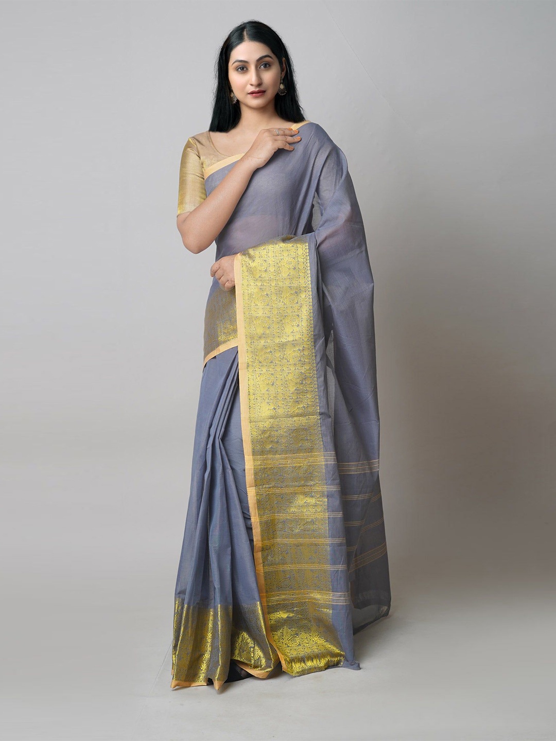 

Unnati Silks Zari Pure Cotton Handloom Chettinad Saree, Grey