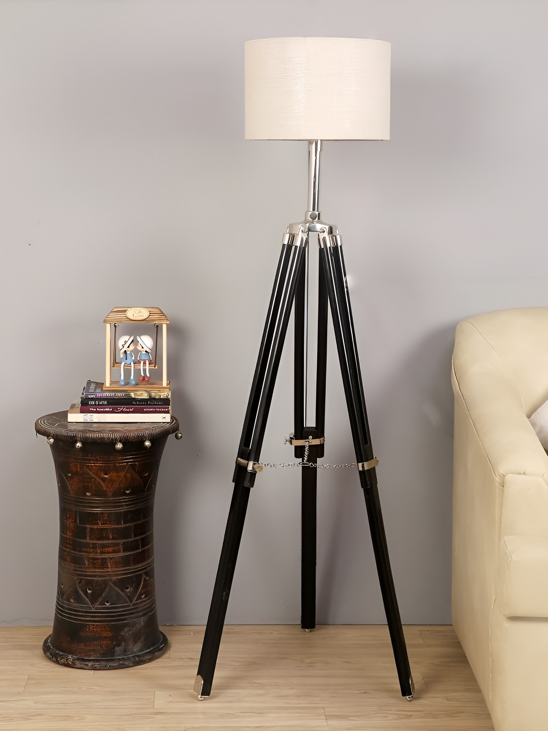 

pristine interiors Beige & Black Jute Shade Wooden Tripod Floor Lamp