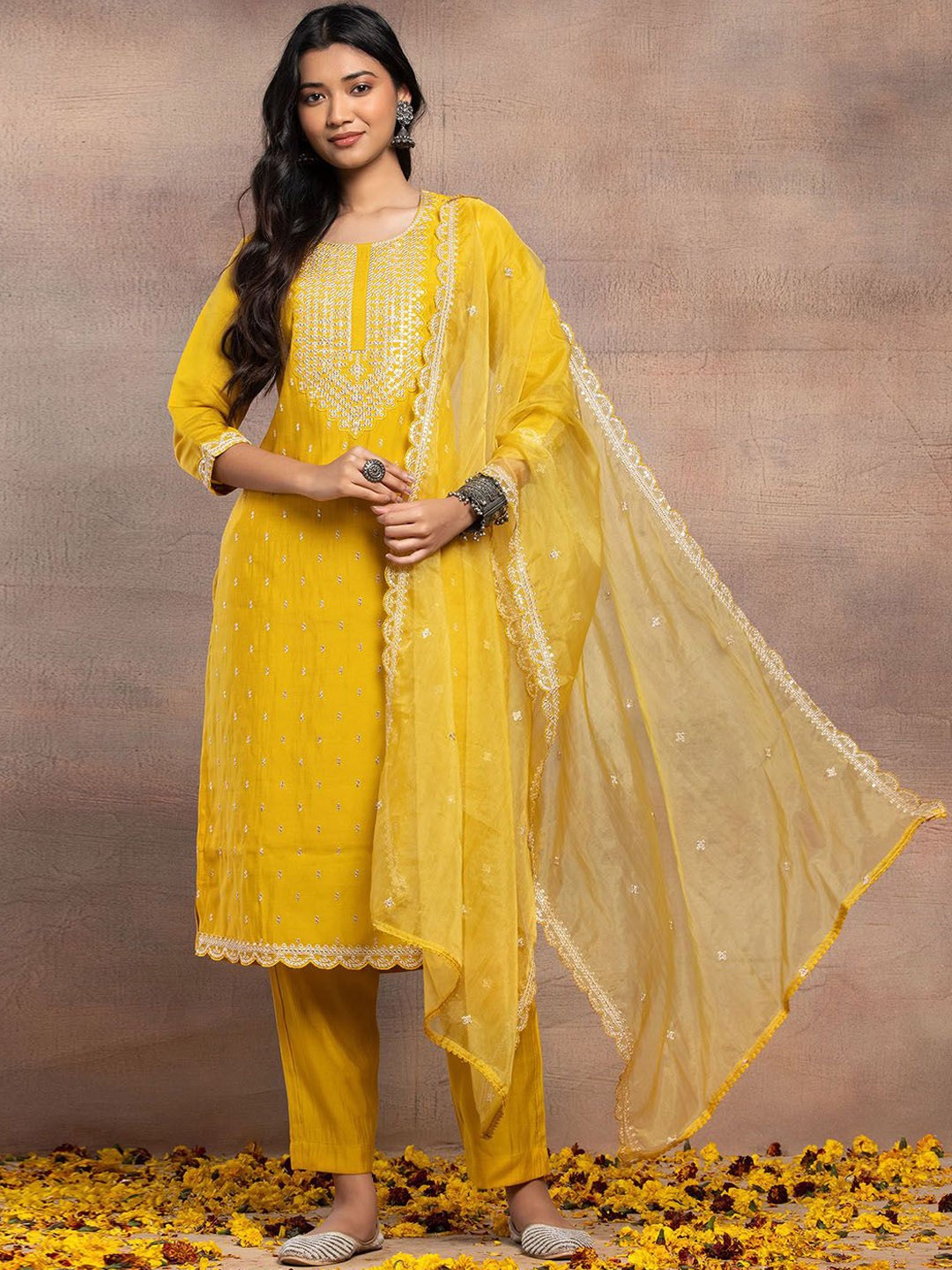 

INDYA Embroidered Sequinned Round Neck Straight Pure Cotton Kurta with Trouser and Dupatta, Yellow