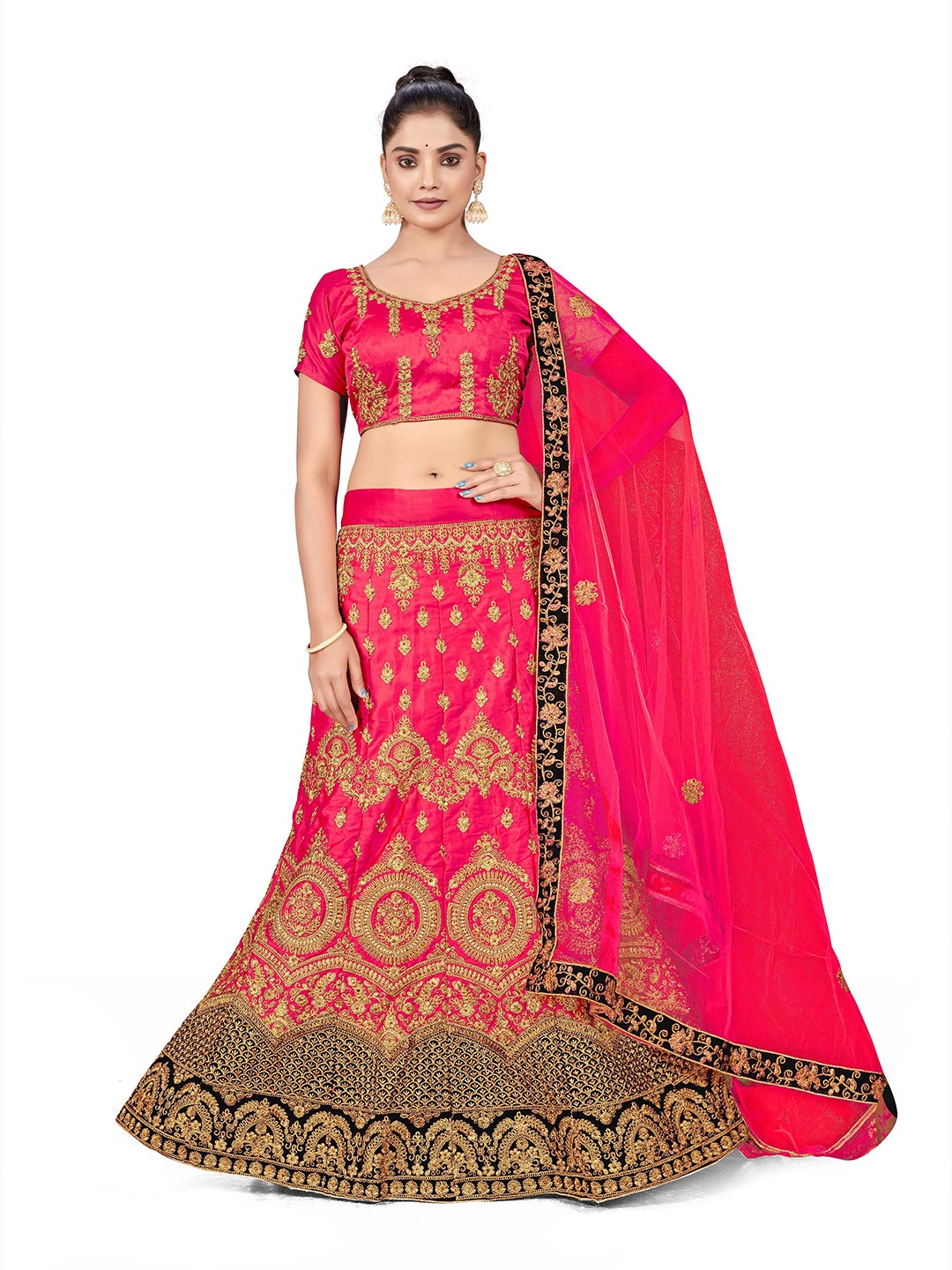 

Maroosh Embroidered Thread Work Satin Semi-Stitched Lehenga & Blouse With Dupatta, Pink