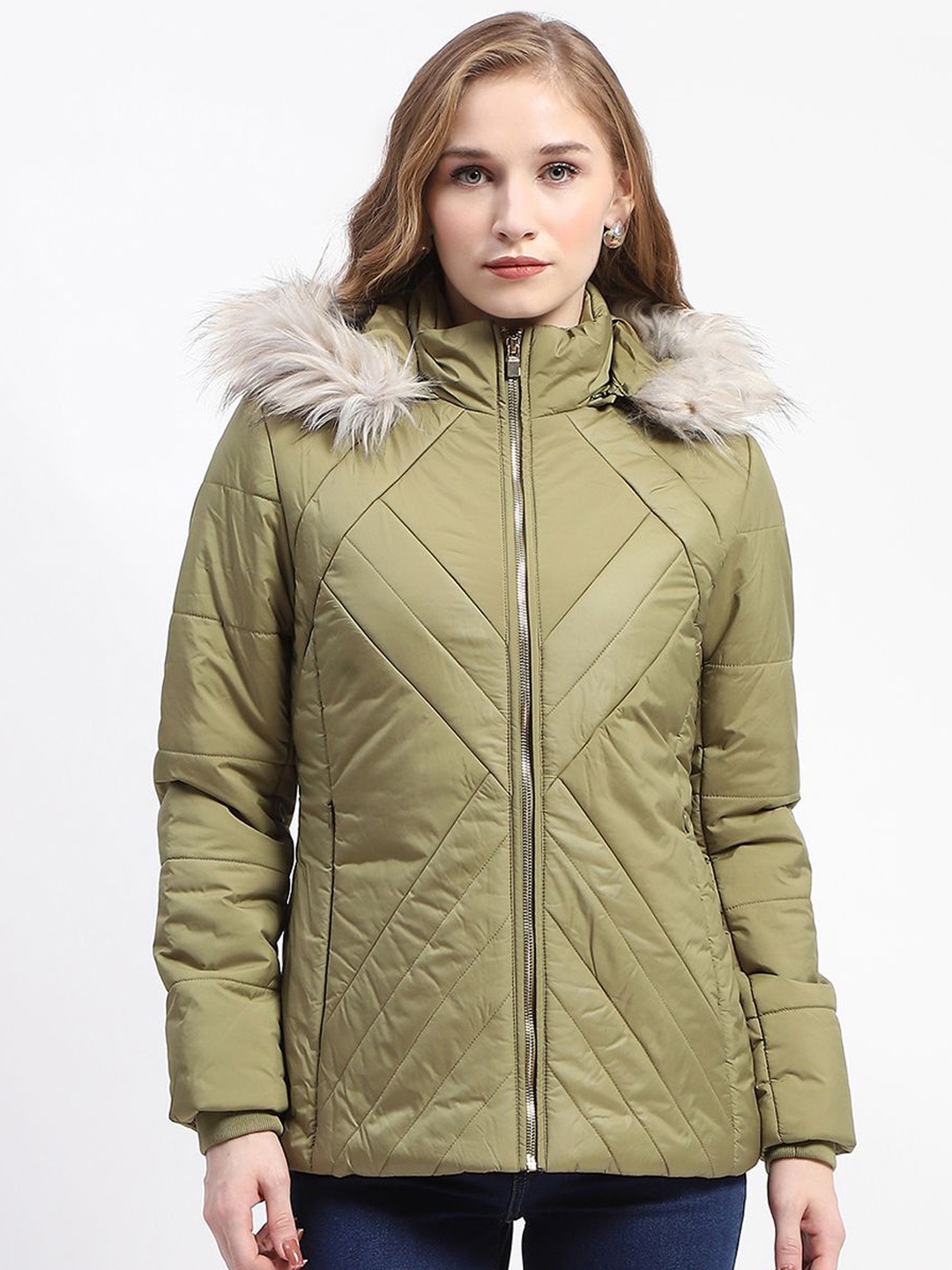 

Madame Women Hooded Neck Longline Parka Jacket, Green