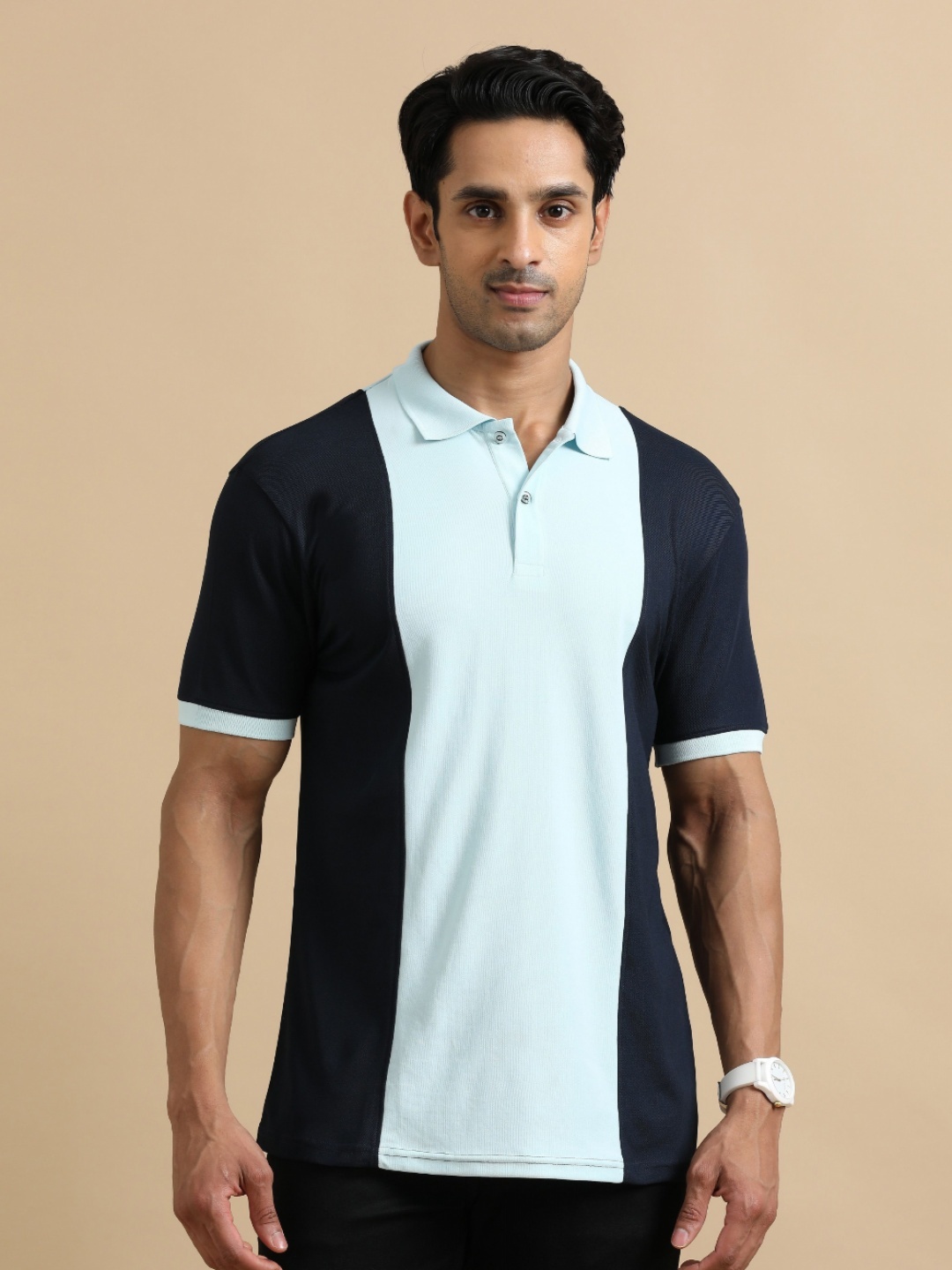 

ECOLINE Clothing Men Antimicrobial Colourblocked Polo Collar T-shirt, Navy blue