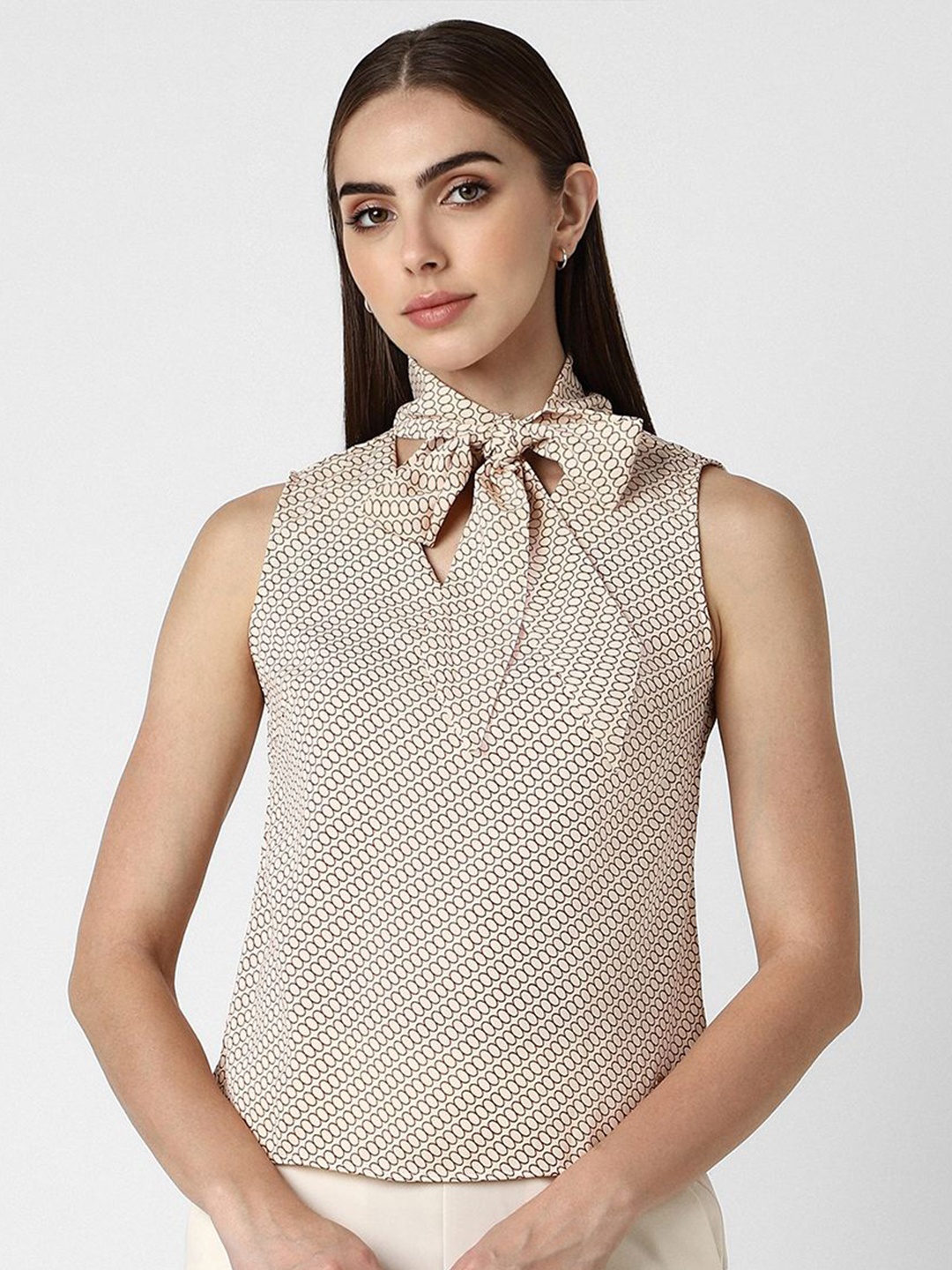 

Van Heusen Woman Geometric Printed Tie-Up Neck Top, Beige