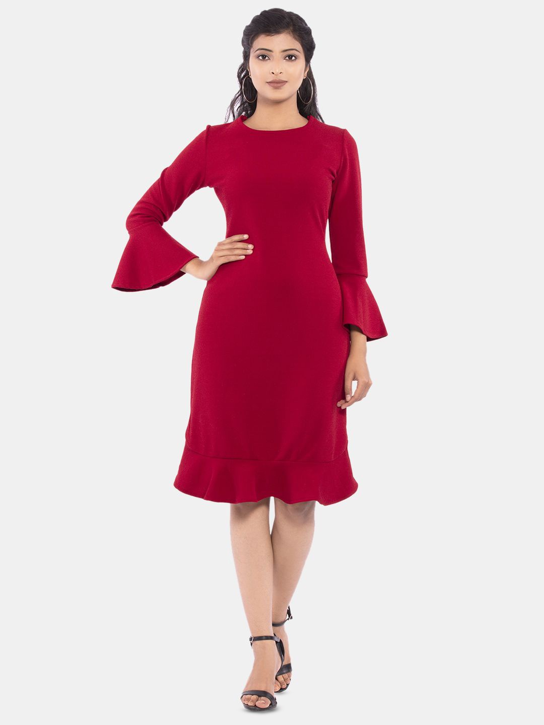 

Golden Kite Round Neck Bell Sleeves Scuba Sheath Dress, Red