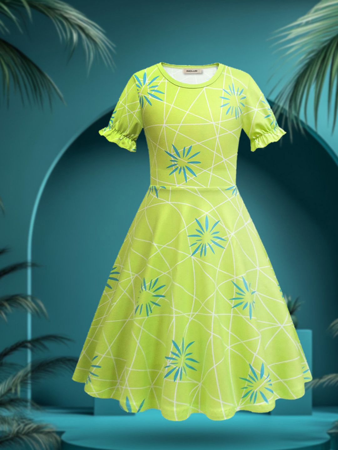

INCLUD Girls Printed Puff Sleeve Fit & Flare Maxi Dress, Green