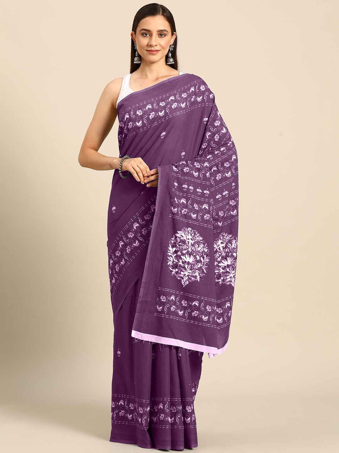 

BUTA BUTI Floral Pure Cotton Saree, Lavender