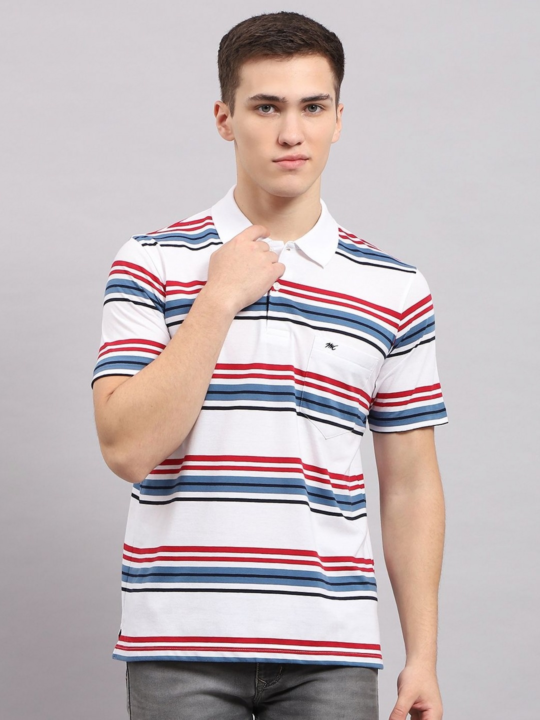 

Monte Carlo Men Striped Polo Collar Cotton T-shirt, White