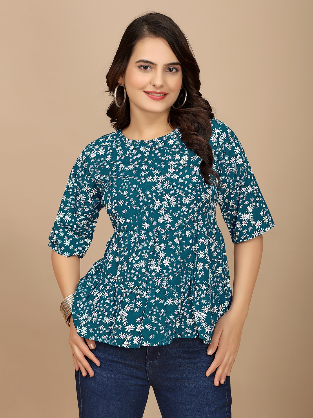 

BAESD Women Floral Printed Round Neck Top, Teal
