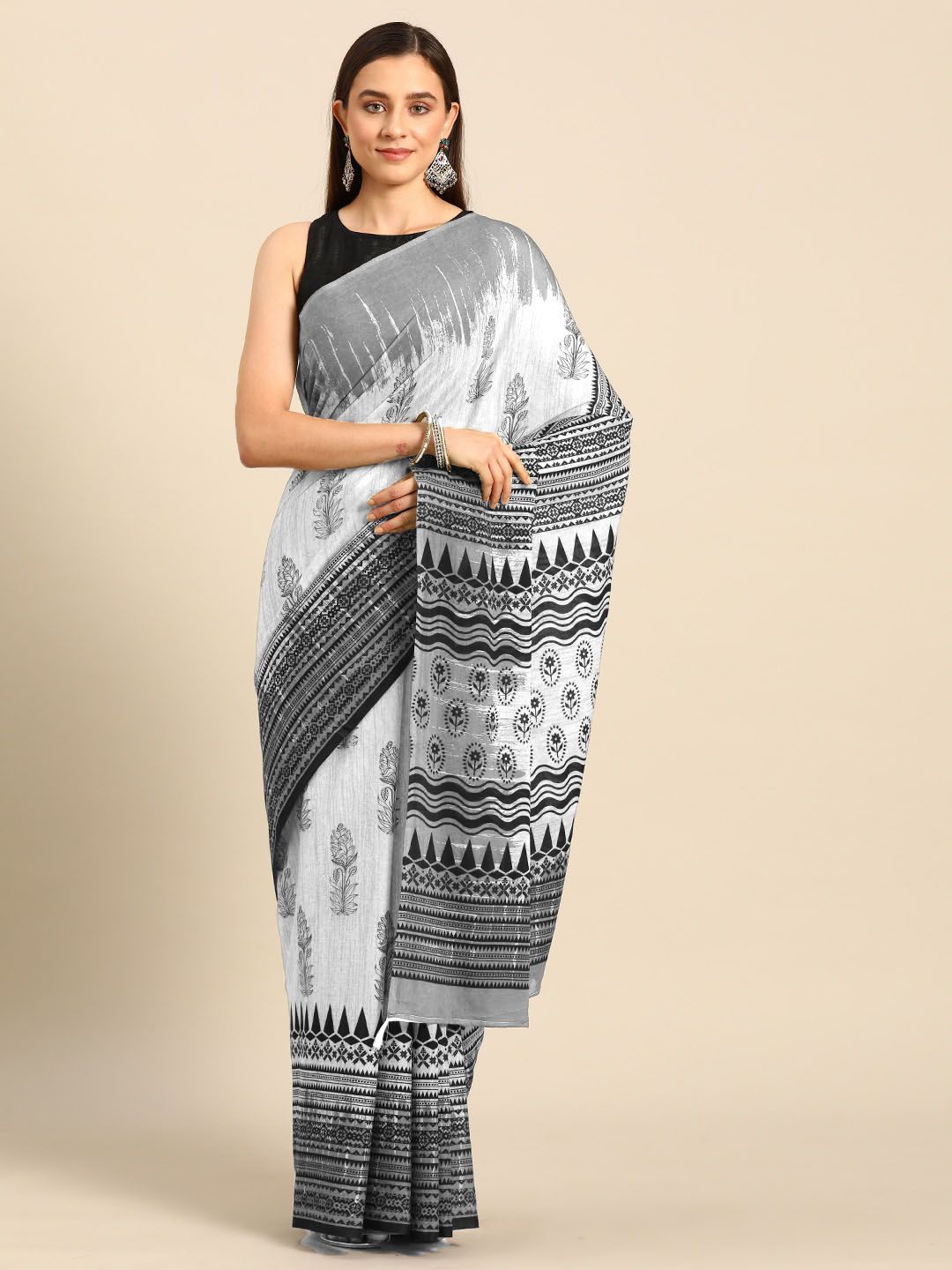 

BUTA BUTI Floral Printed Pure Cotton Saree, White