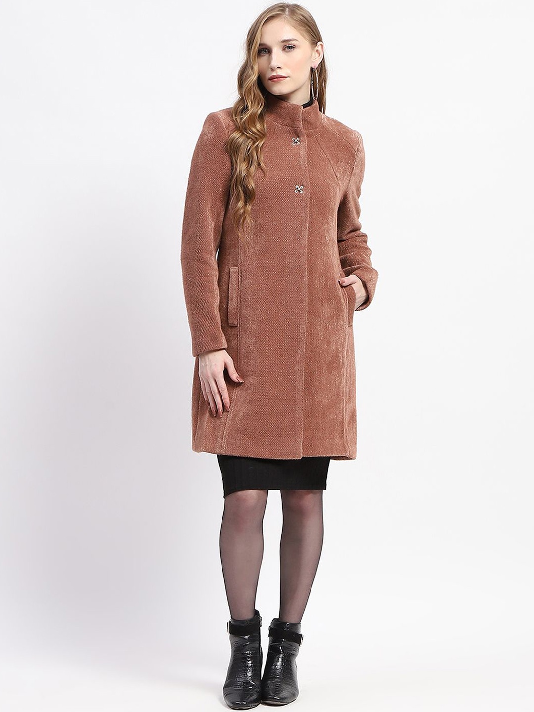 

Madame Women Mock Collar Single-Breasted Overcoats, Brown