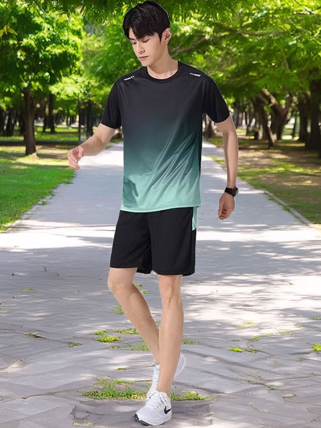 

StyleCast Black & Green Ombre Printed T-Shirt With Shorts