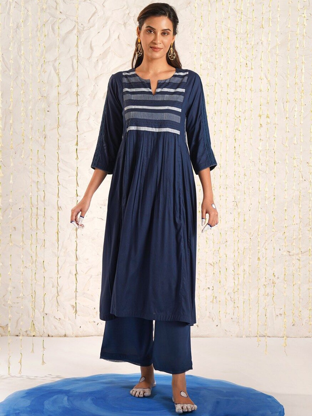 

JAYPORE Striped Printed Round Notch Neck Pleated A-Line Kurta, Navy blue