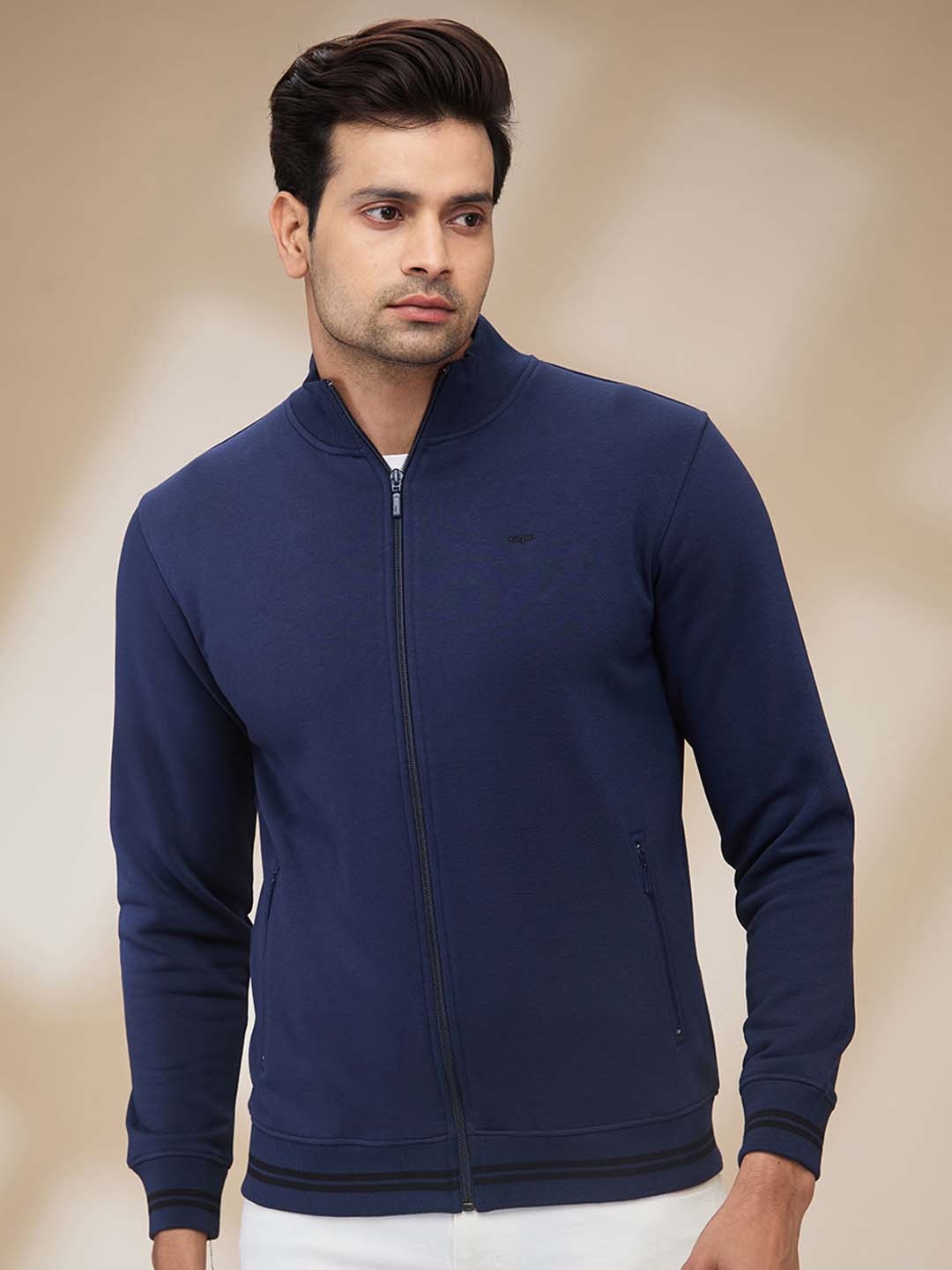 

ColorPlus Men Solid Mock Collar Front-Open Sweatshirt, Navy blue