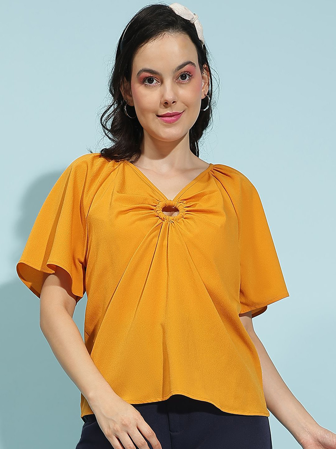 

Oxolloxo Women Solid V-Neck Top, Yellow