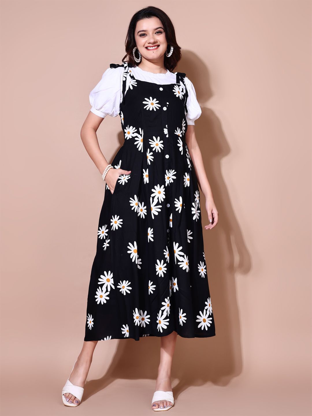 

SHINISHA Floral Printed Short Sleeves Puff Sleeve A-Line Midi Dress, Black