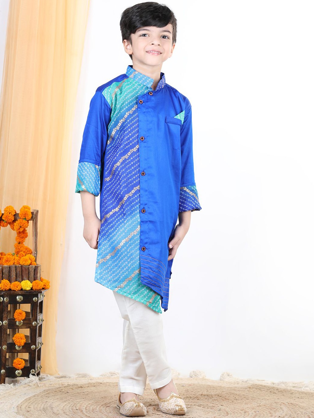 

Here&Now X Kinder Kids Boys Floral Printed Pure Cotton Kurta With Trousers, Blue