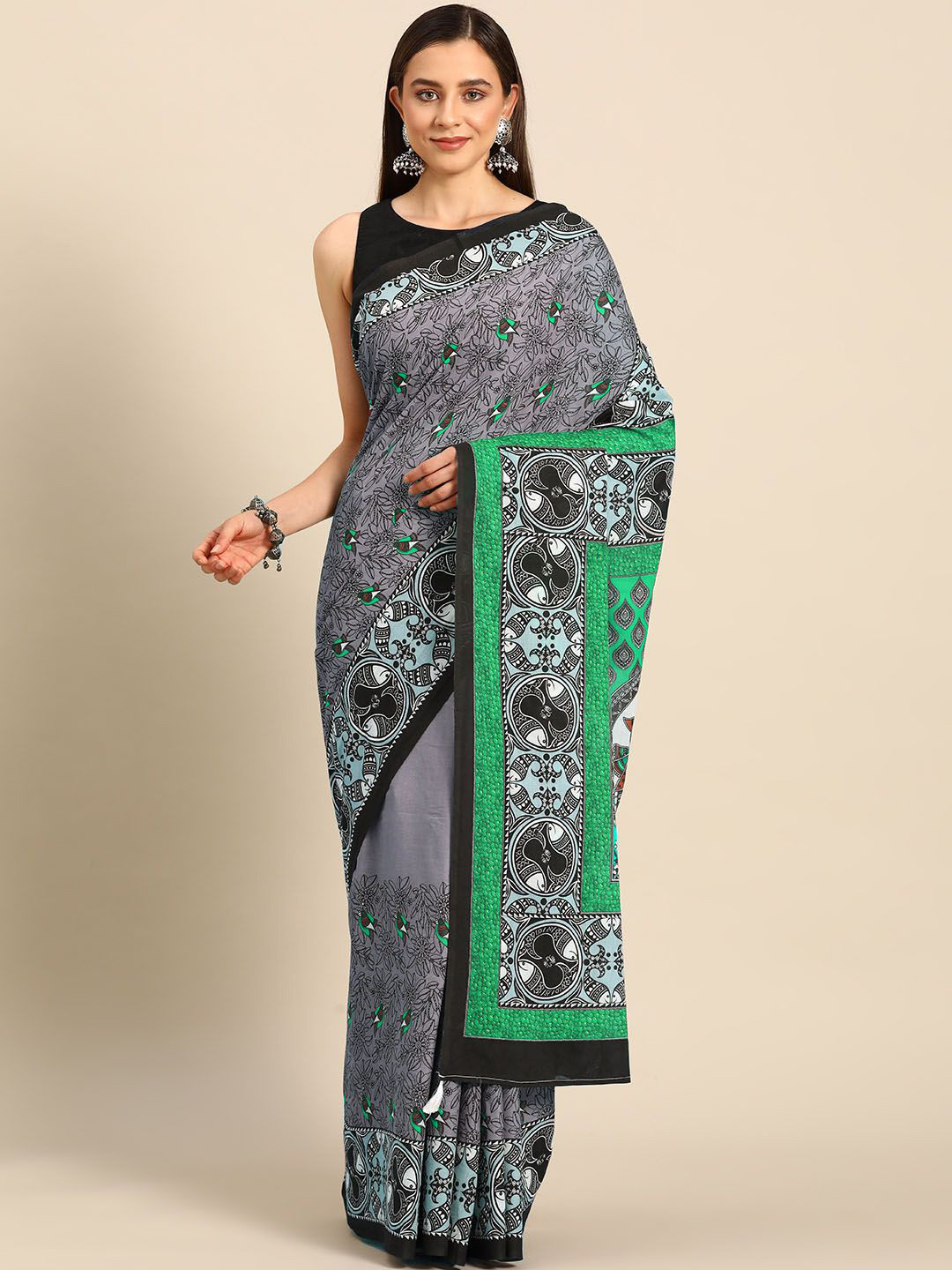 

BUTA BUTI Floral Printed Pure Cotton Saree, Green