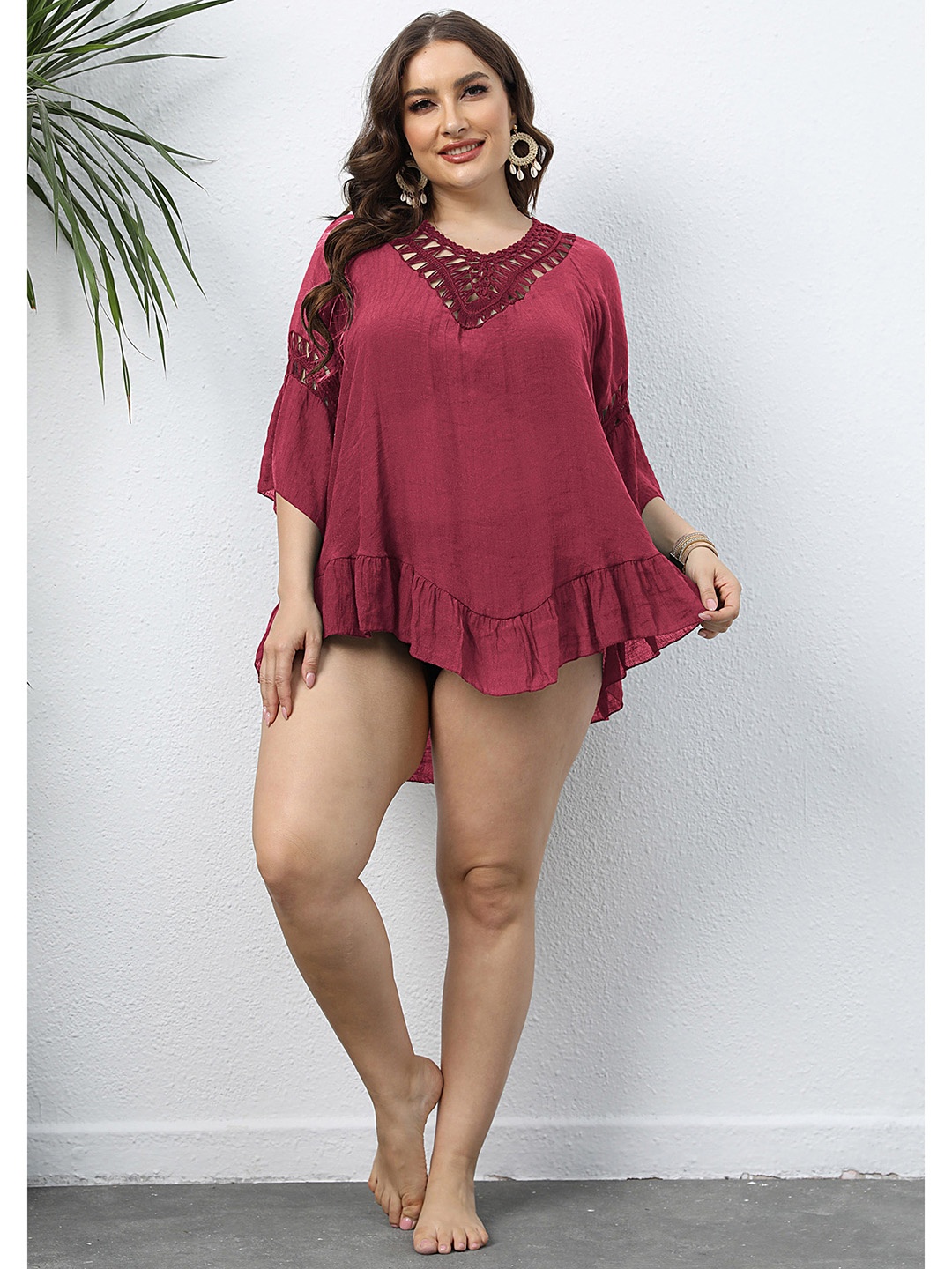 

LULU & SKY Women Solid Round Neck Plus Size Top, Maroon