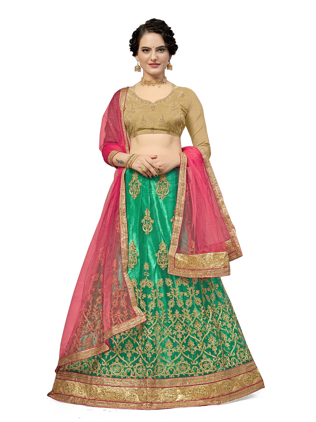 

Maroosh Embroidered Thread Work Unstitched Lehenga & Blouse With Dupatta, Green