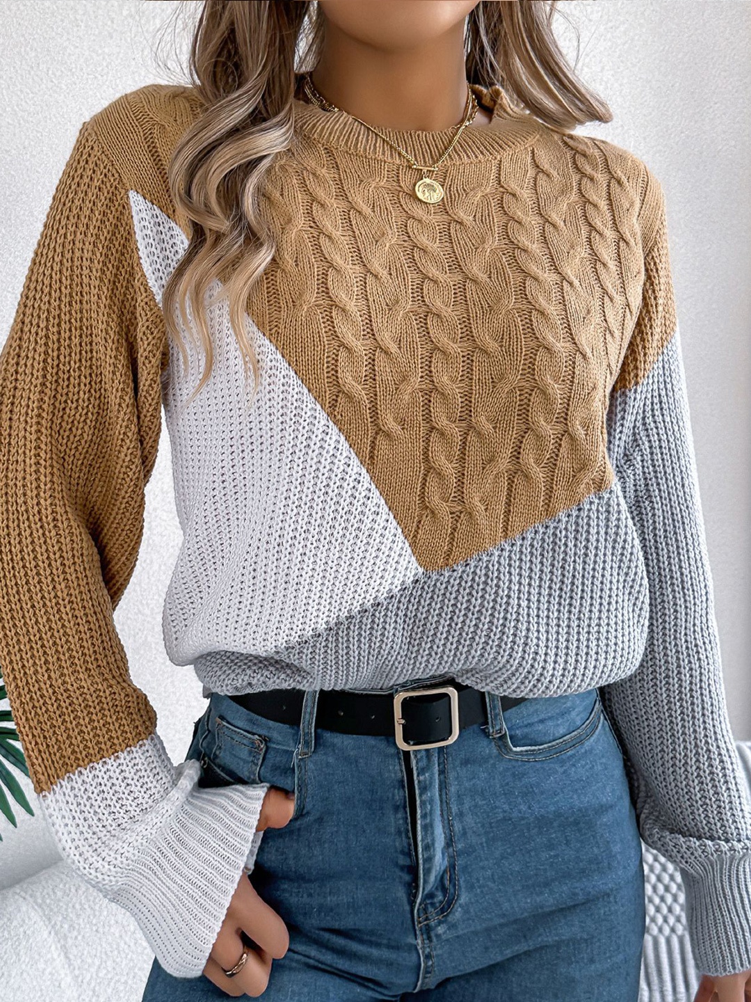 

StyleCast x Revolte Women Colourblocked Cable Knit Pullover, Khaki