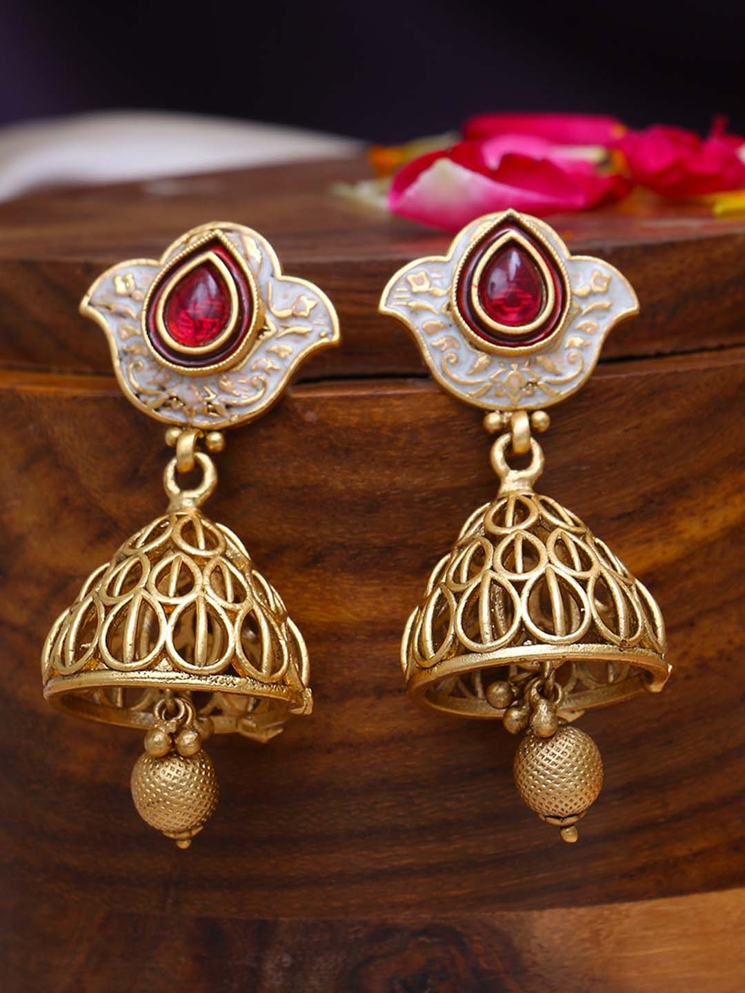 

Anouk Red Gold Plated Stone Studded Dome Shaped Jhumkas