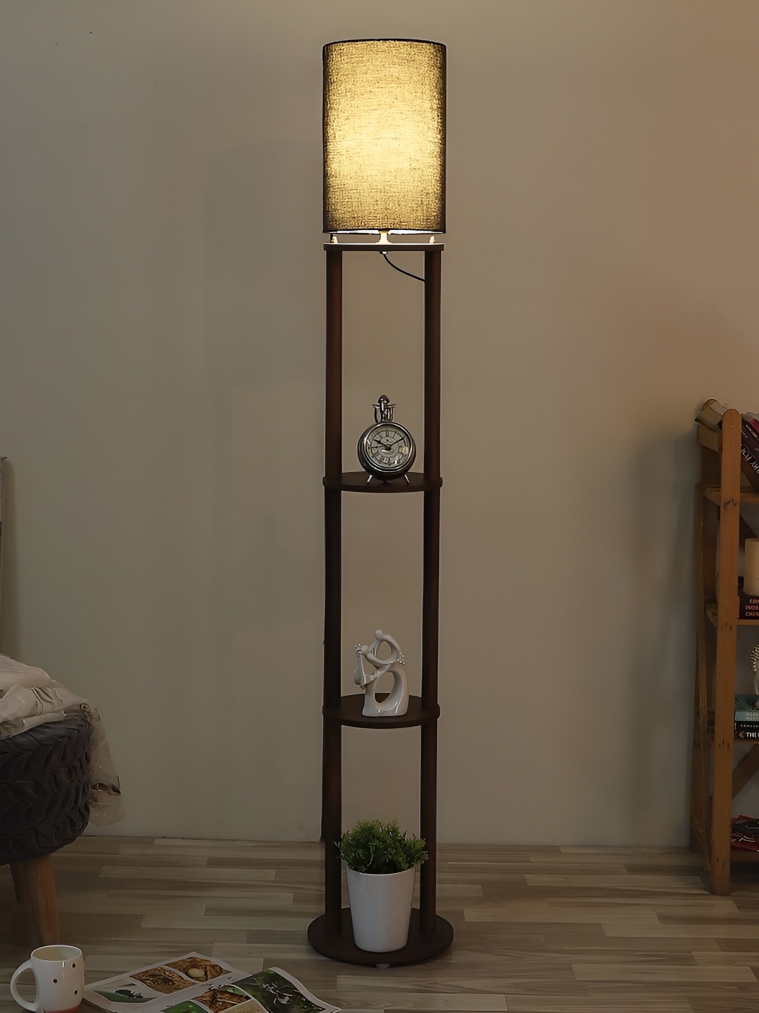 

pristine interiors Black & Brown Issac 3-Tier Wooden Shelf Floor Lamp