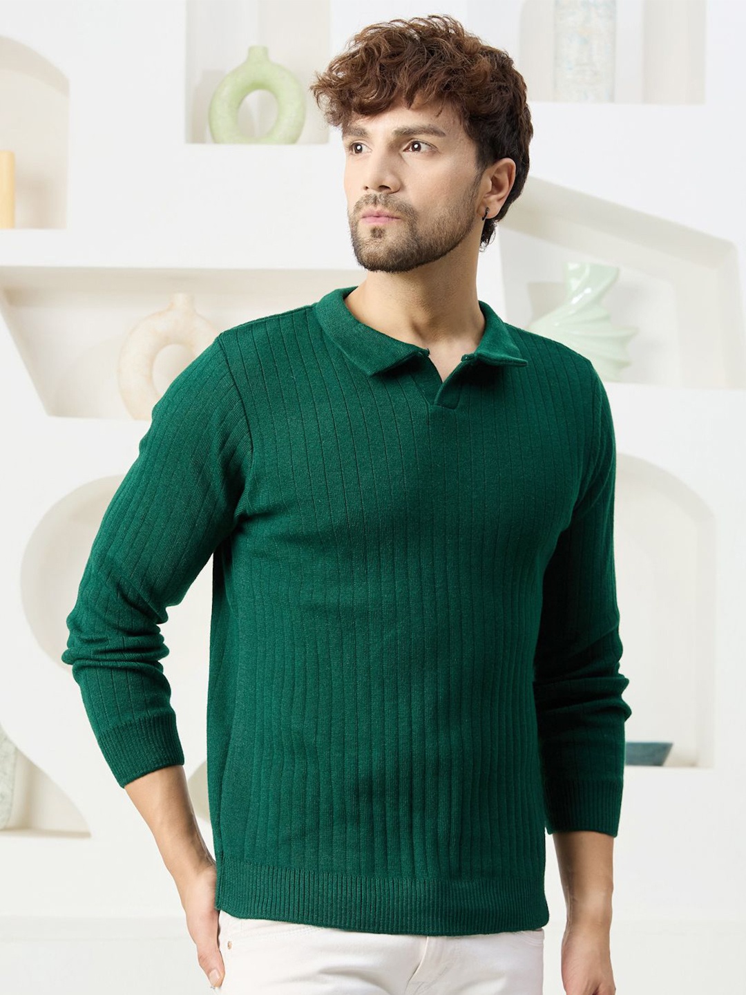 

KVETOO Men Ribbed Polo Collar Pullover, Green