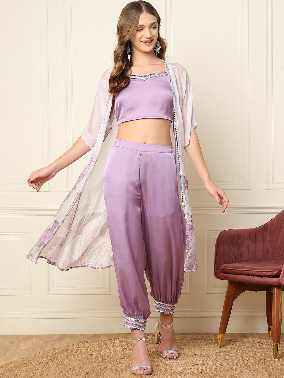 

DEEBACO Indo Western Top & Shrug With Dhoti Pant, Lavender