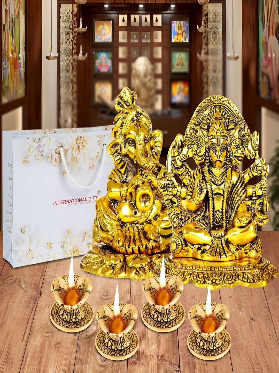 

INTERNATIONAL GIFT Gold-Toned 8 Pieces Religious Idol Showpiece With Diyas & Box