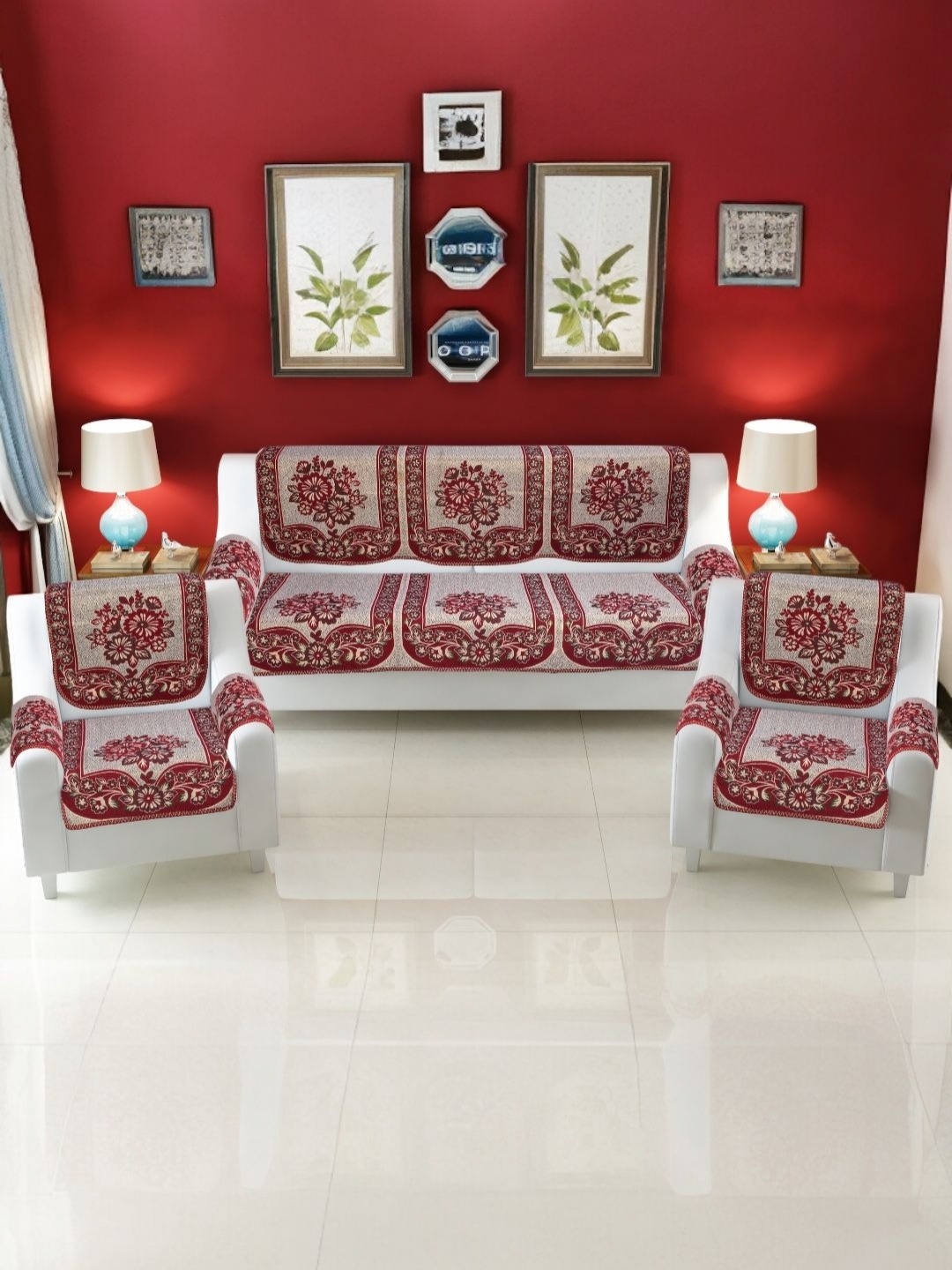 

BIGGER FISH Maroon & Beige 16 Pieces Self Design Cotton Sofa Cover With Arms Covers